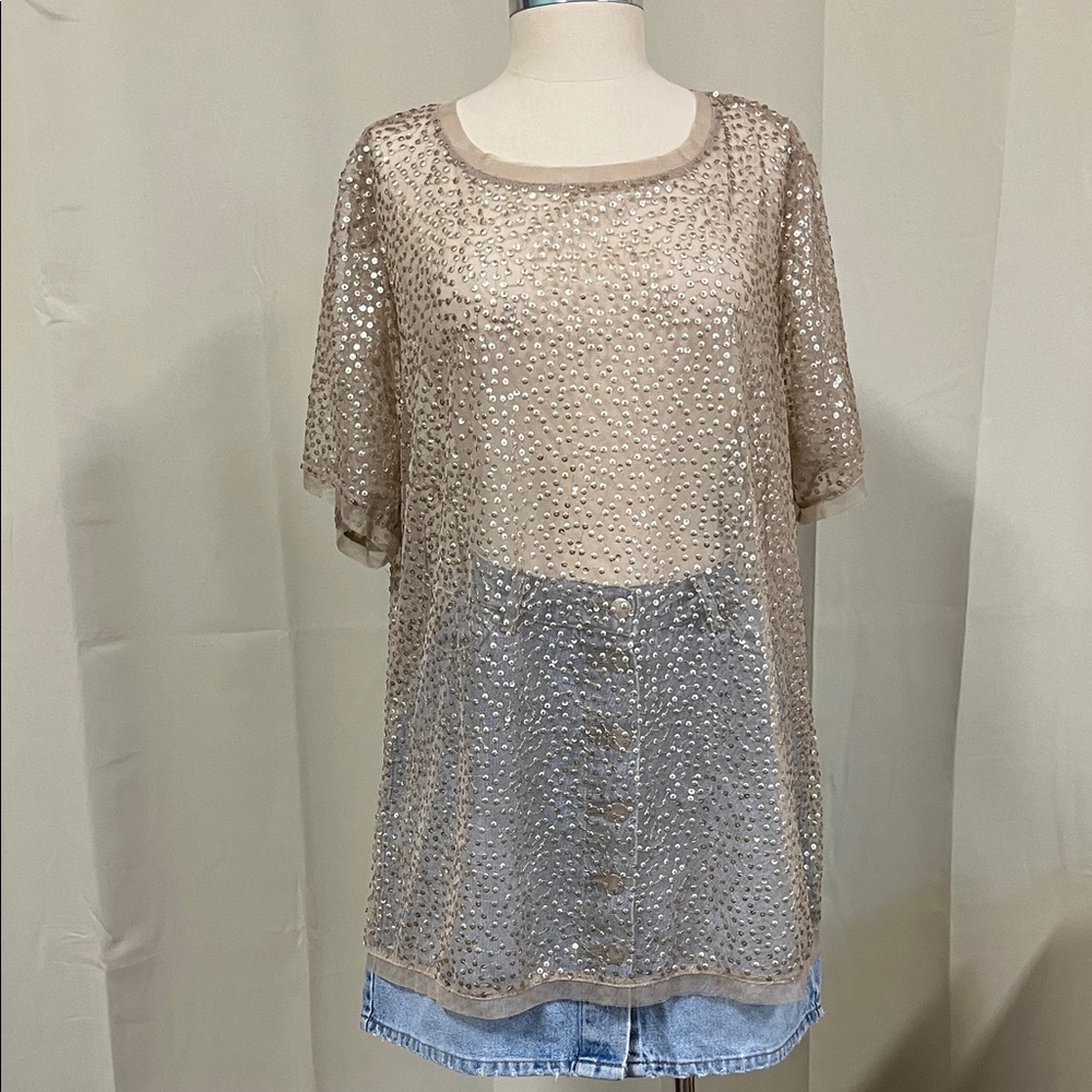 INC International Concepts Beige sheer Sequin Blouse